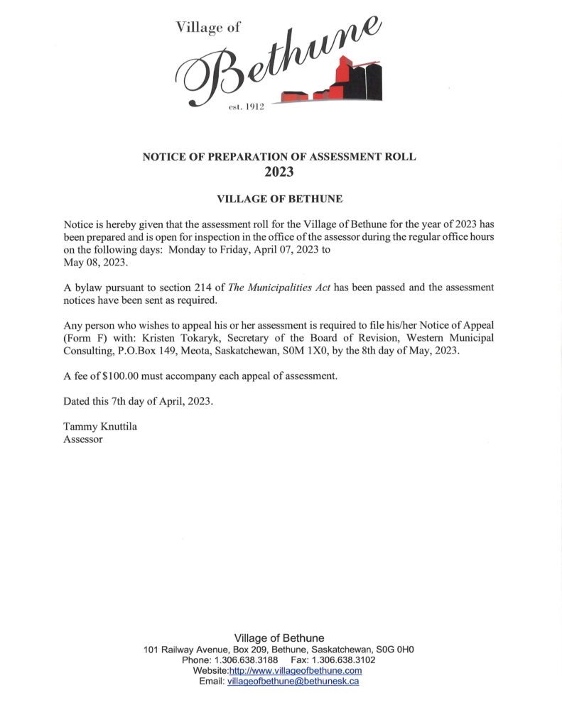 Notice of Preparation of 2023 Assessment Roll